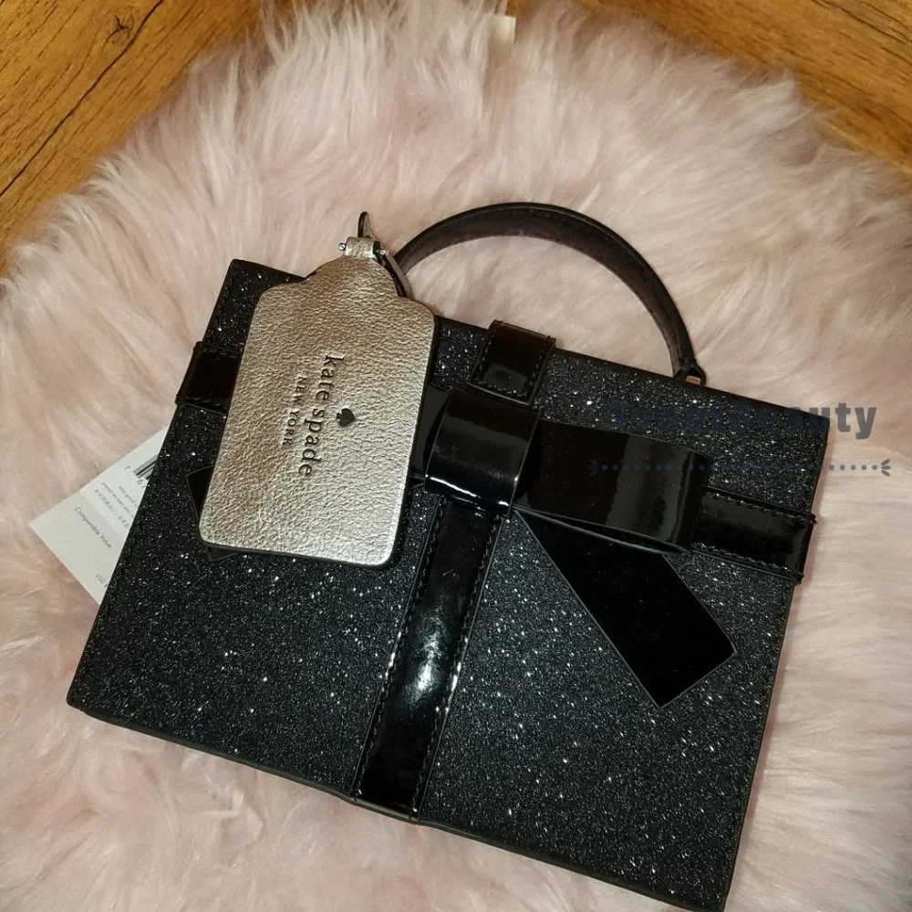 NWT Kate Spade Wrapping Party Gift Box Black Glitter Leather Crossbody Bag